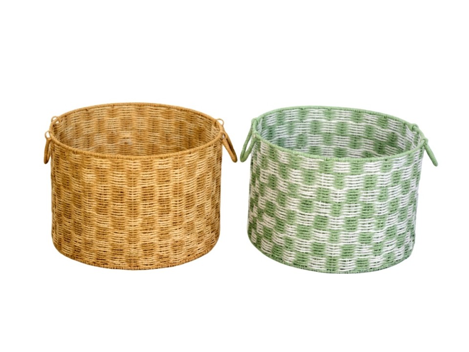 Custom-made Round Paper Cord Checkered Basket with Handles